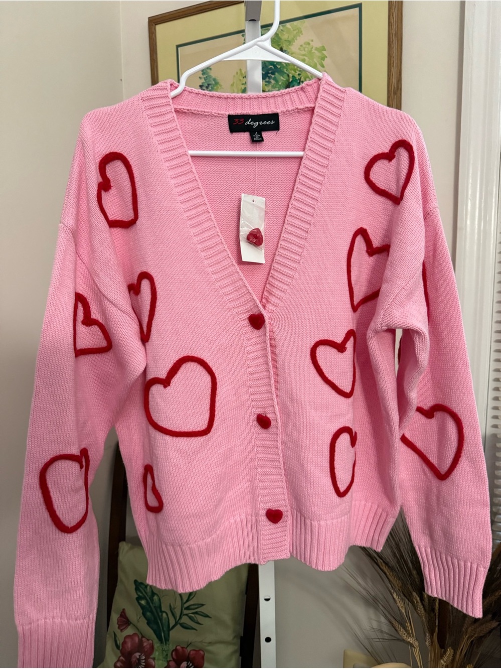 33 Degrees Pink Heart Button Down Cardigan Sweater. NWT